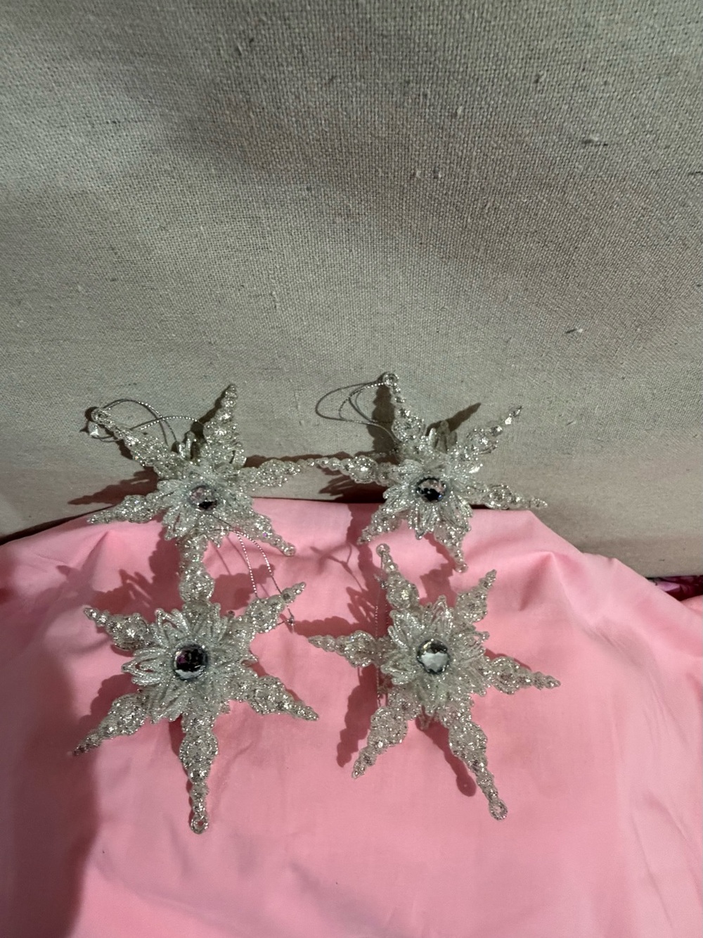 Clear silver Beaded Snowflake Hanging Ornaments - Set of 4
